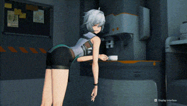 a girl in a video game is holding a cup of coffee and the display interface button is visible