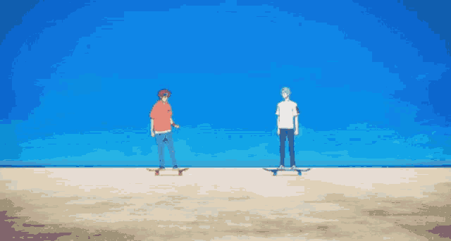 two people riding skateboards on a sandy beach with a blue sky in the background