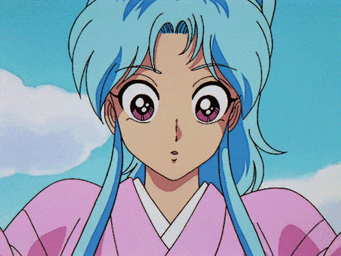 a girl with blue hair and pink eyes is wearing a pink shirt