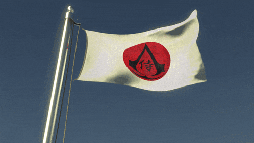 a white flag with a red circle and a samurai symbol