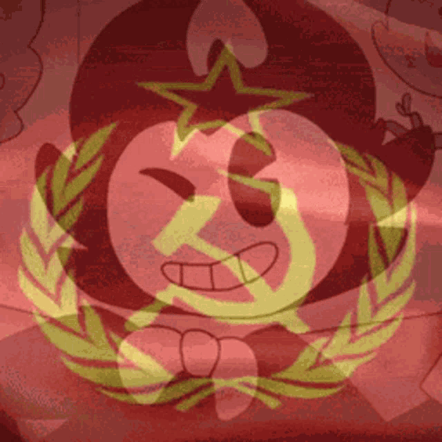 a cartoon character with a hammer and sickle and laurel wreath on a red background