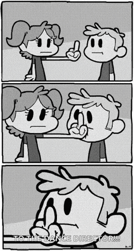 a black and white cartoon of a boy and a girl talking to the dance director ..