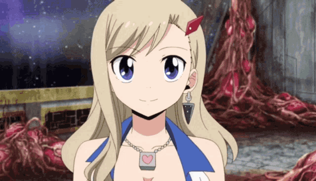 a girl with blonde hair and blue eyes wearing a heart necklace