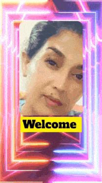 a woman 's face is behind a welcome sign