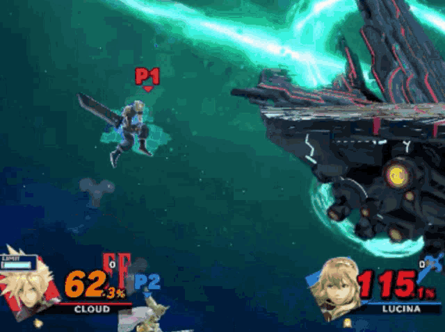 cloud and lucina are playing a video game and cloud has 62 % and lucina has 115 %