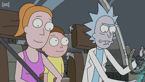 a cartoon of rick and morty sitting in a car with the words [ as ] on the bottom