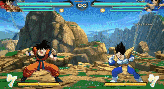 goku and vegeta are fighting each other in a video game with the number 8 in the middle