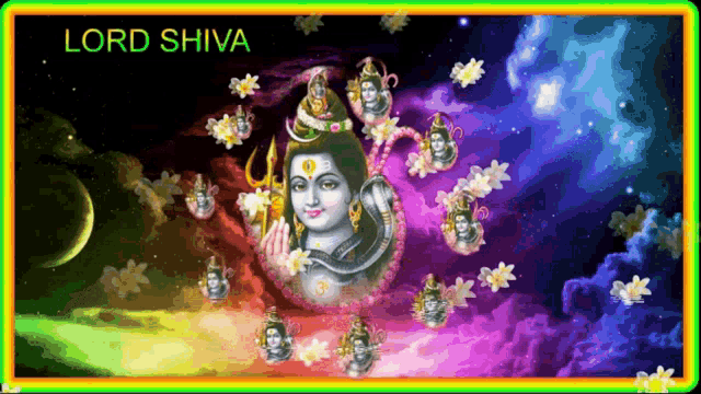 a colorful painting of lord shiva with many faces