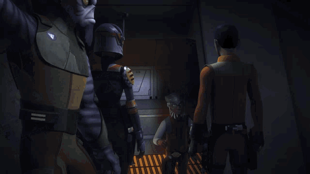 a group of cartoon characters are standing in a dark room with the words rot away in this prison