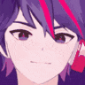 a close up of a anime girl 's face with purple hair and red stripes .