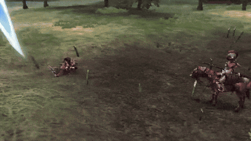 a person riding a horse in a video game with a sword