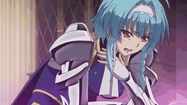 a girl with blue hair is wearing armor and a blue cape