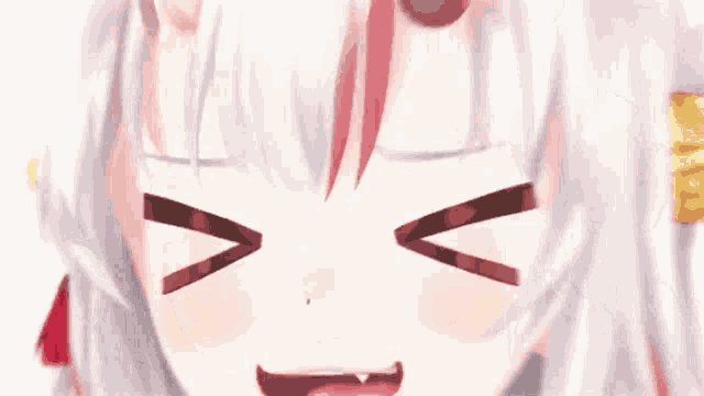 a close up of a anime girl with white hair and horns making a funny face with her eyes closed .