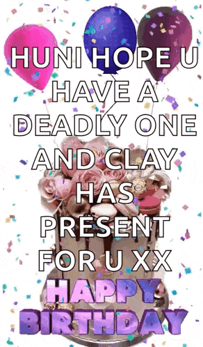 a birthday card with a cake and balloons and confetti