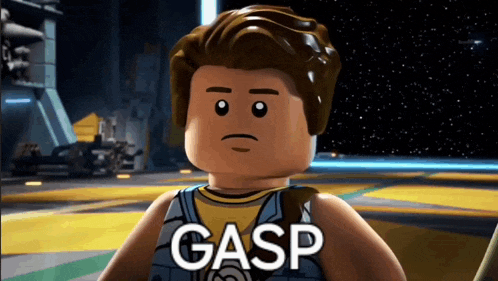 a lego character with the word gasp written on his chest