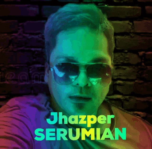 a man wearing sunglasses has the name jhazper serumian written above him