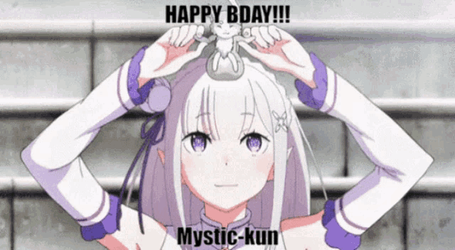 a girl with white hair and purple eyes holds a figurine on her head and says " happy bday "