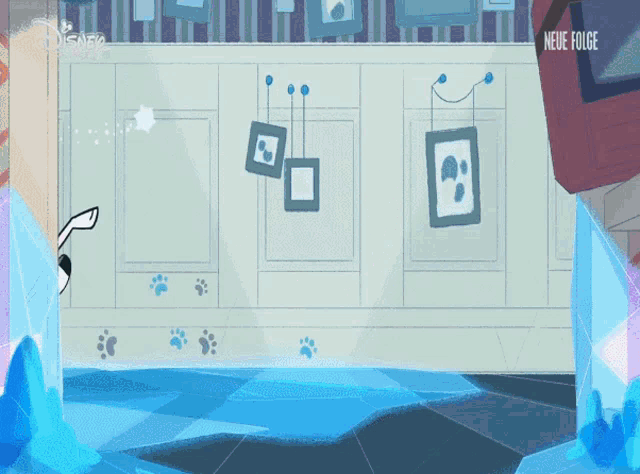 a cartoon of a dog in a room with neue folge in the corner