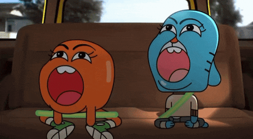 gumball and darwin are sitting in the back seat of a car with their mouths open