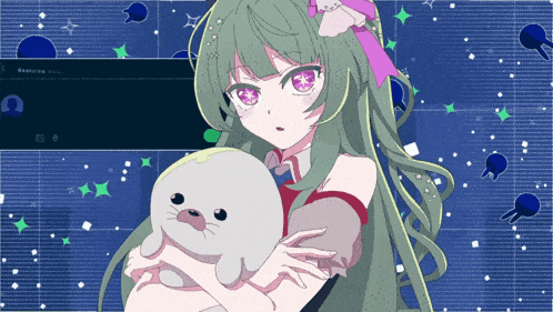 a girl with green hair is holding a seal
