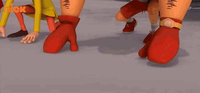 a group of cartoon characters are getting ready to run with a nick logo behind them