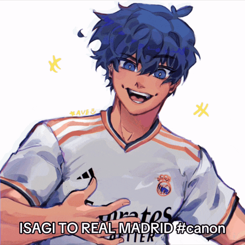 a drawing of a boy with blue hair wearing a real madrid jersey