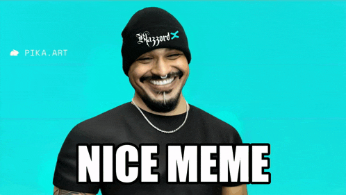 a man wearing a beanie and a black shirt with the words nice meme on it