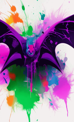 a bat with purple wings is surrounded by colorful splashes