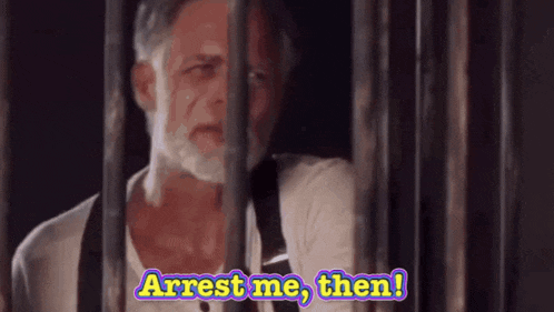 a man with a beard is behind bars and says arrest me , then .