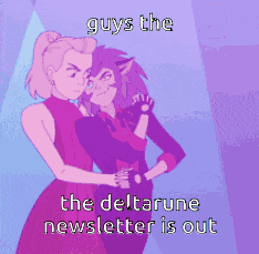 a cartoon of two girls dancing with the words " guys the deltarune newsletter is out " at the bottom