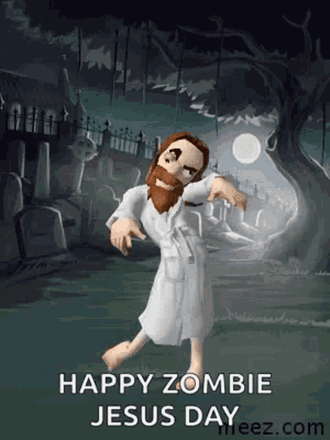 a cartoon of jesus dressed as a zombie is dancing in a cemetery at night .