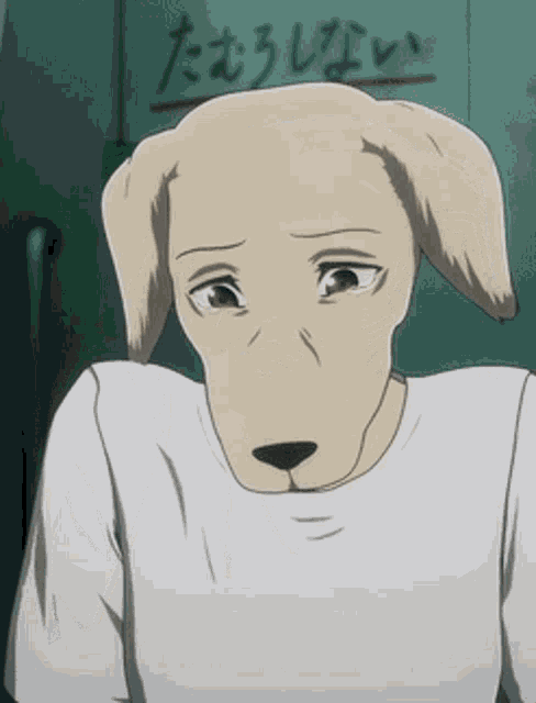 a cartoon character with a dog 's head is standing in front of a sign with chinese writing on it