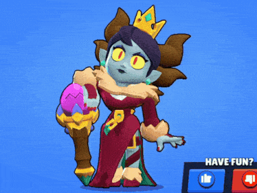 a cartoon character with a crown on her head and a thumbs up and thumbs down button