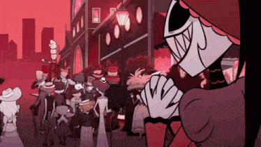 a cartoon character is standing in front of a crowd