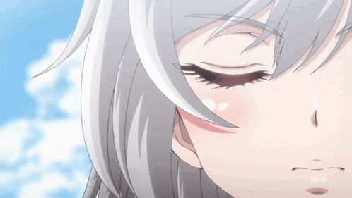 a close up of a girl 's face with gray hair and red eyes