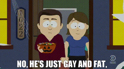 a cartoon of a man holding a pumpkin and a woman holding hands with the words no he 's just gay and fat