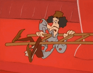 a cartoon of a clown holding a ladder in his hand