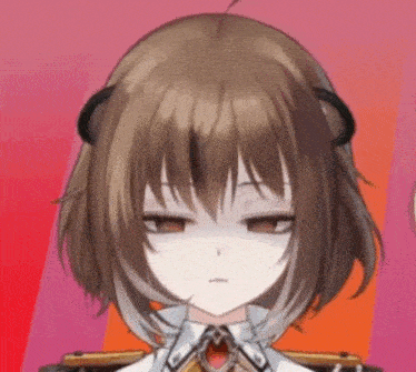a close up of a brown haired anime girl making a funny face with her eyes closed .