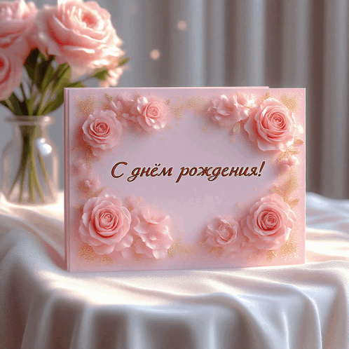 a pink greeting card with roses and the words " с днем рождения " on it