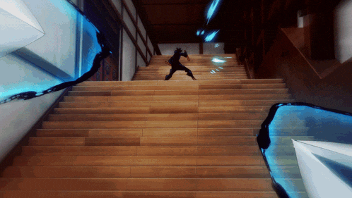 a man is jumping up a set of stairs