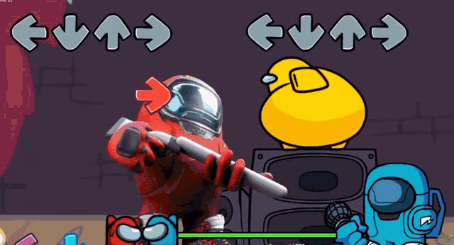 among us is a video game where a red character is holding a microphone