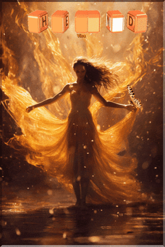 a woman in a long dress is surrounded by flames and blocks with the letters h and d on them