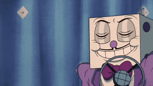 a cartoon character is wearing a purple bow tie and a steering wheel