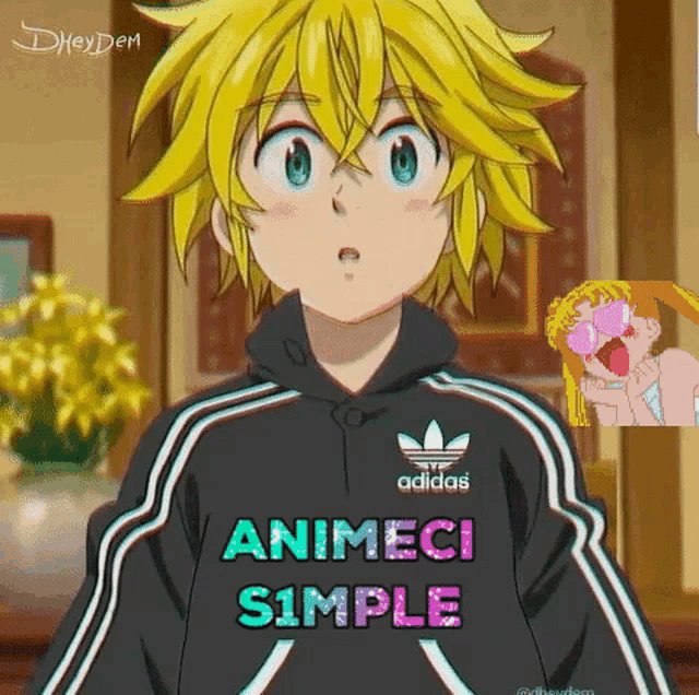 a cartoon character wearing an adidas hoodie with a picture of a girl behind him