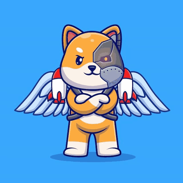 a cartoon of a dog with wings holding a rocket