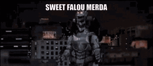 a robot is standing in front of a building with a gun in his hand .