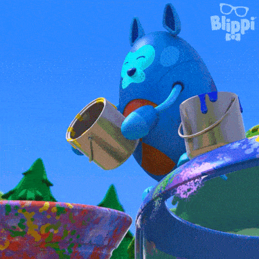 a cartoon character is pouring yellow paint into a bowl with the word blippi on the bottom right