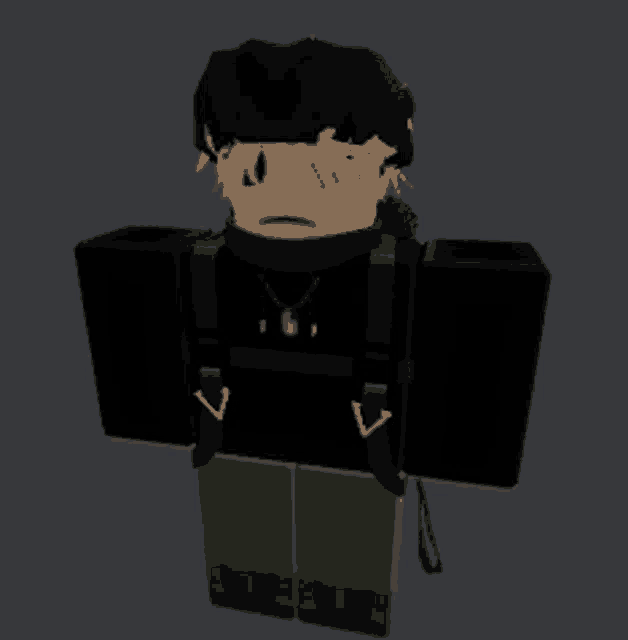 a cartoon character with a sad look on his face is wearing a black shirt
