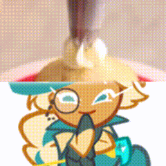 a close up of a cookie with glasses and a blue hat