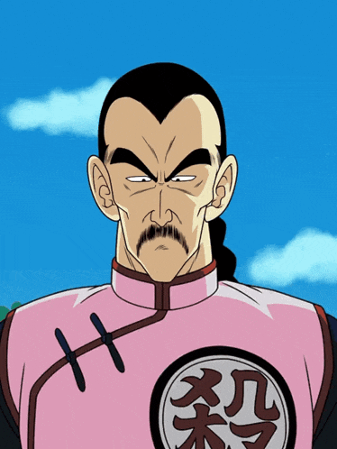 a man with a mustache is wearing a pink shirt with chinese symbols on it
